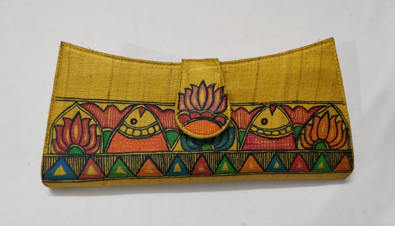 Madhubani Hand-Painted Silk Flap Clutch – Golden
